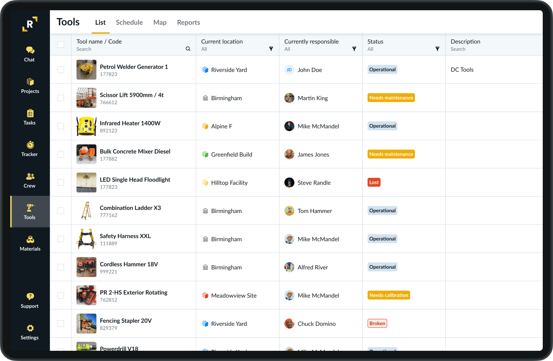 Remato Construction Tools & Equipment Management List View