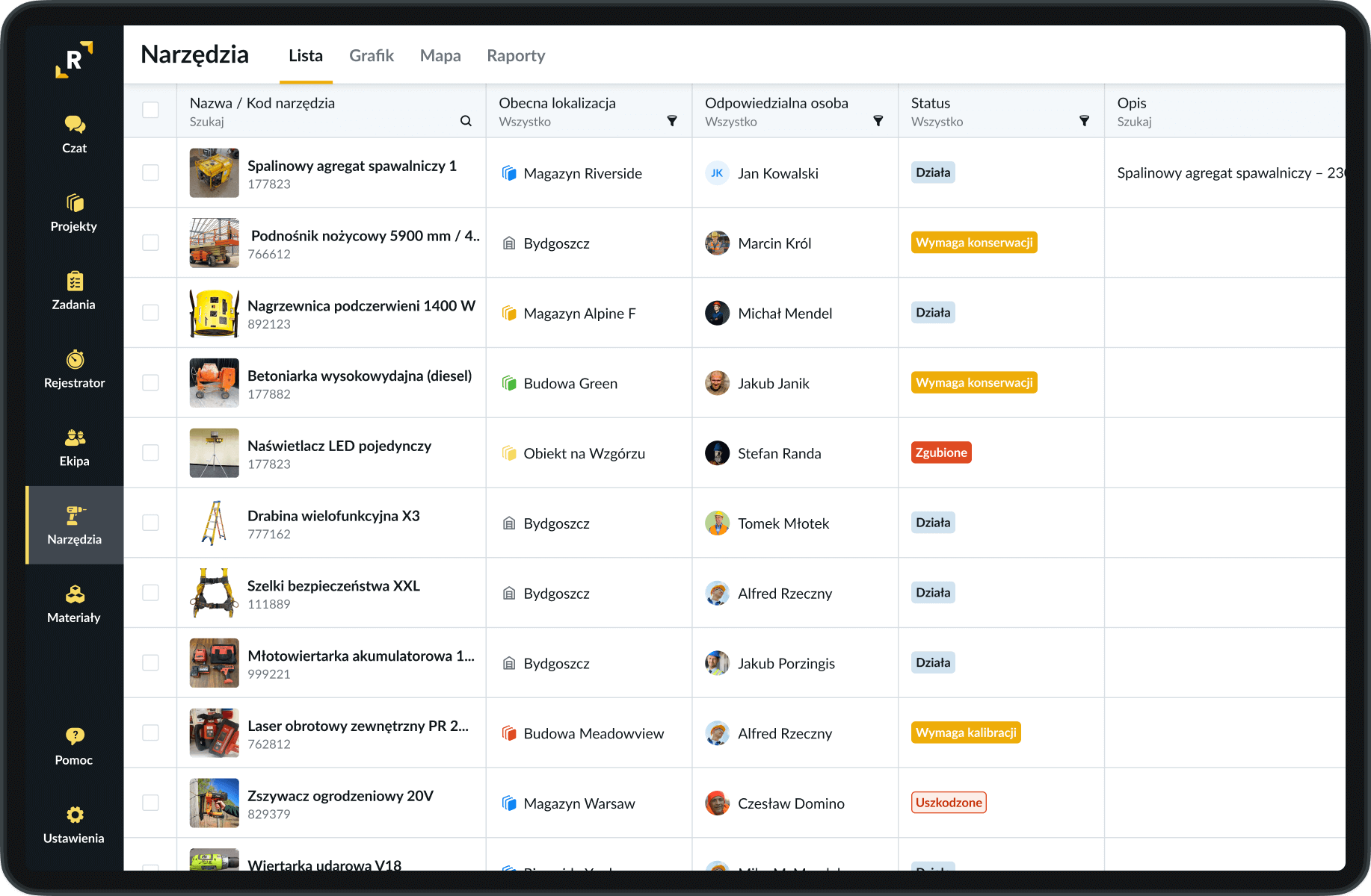 Widok listy zarządzania zasobami budowlanymi Remato